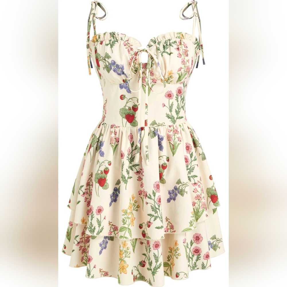 Strawberry Floral Print Cream Dress
